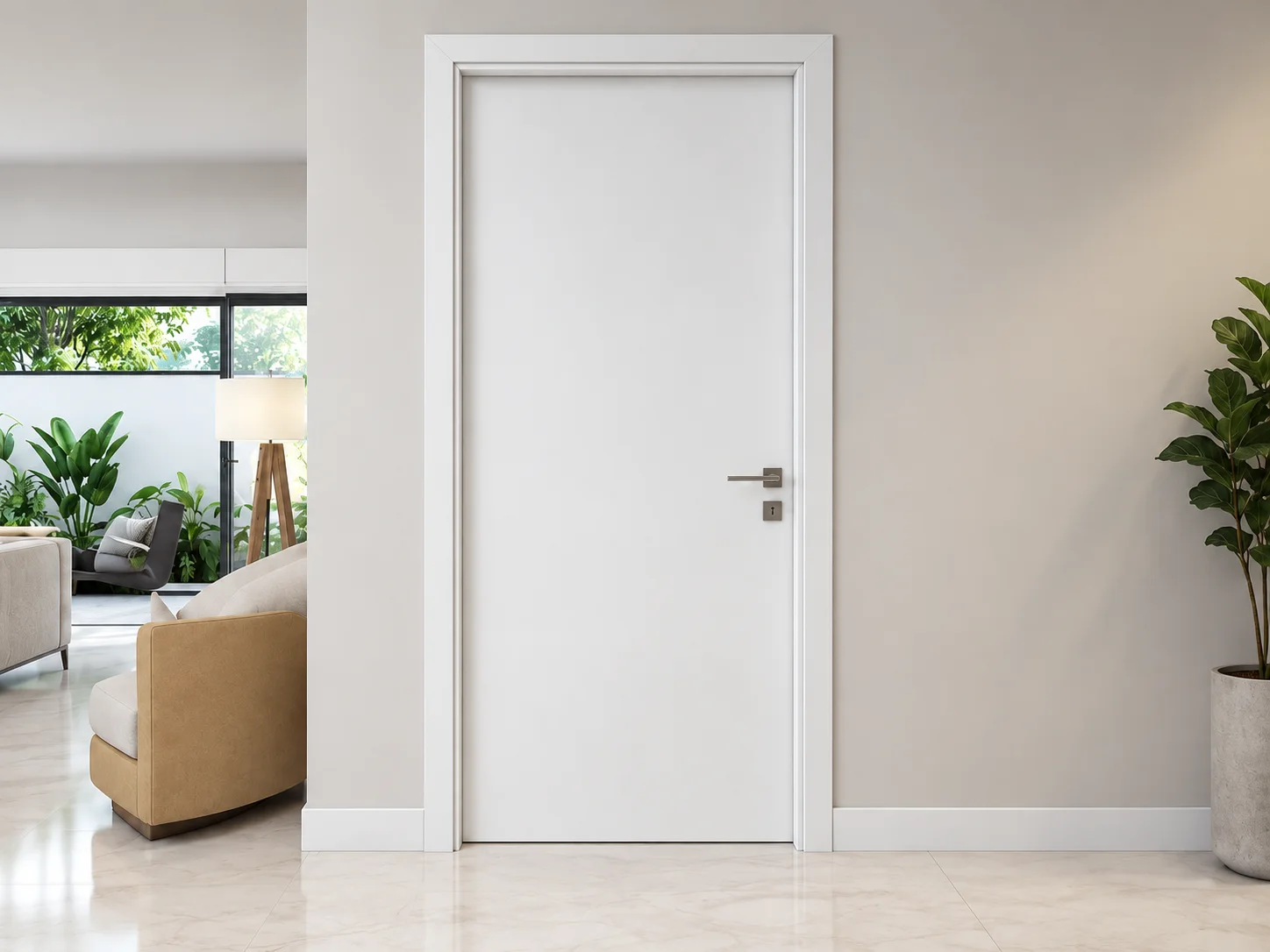 Simulação de uma porta em ambiente arquitetônico claro